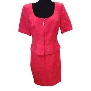 Vintage 1980s Escada Red Jacquard Two Piece Suit Skirt Set Size 40